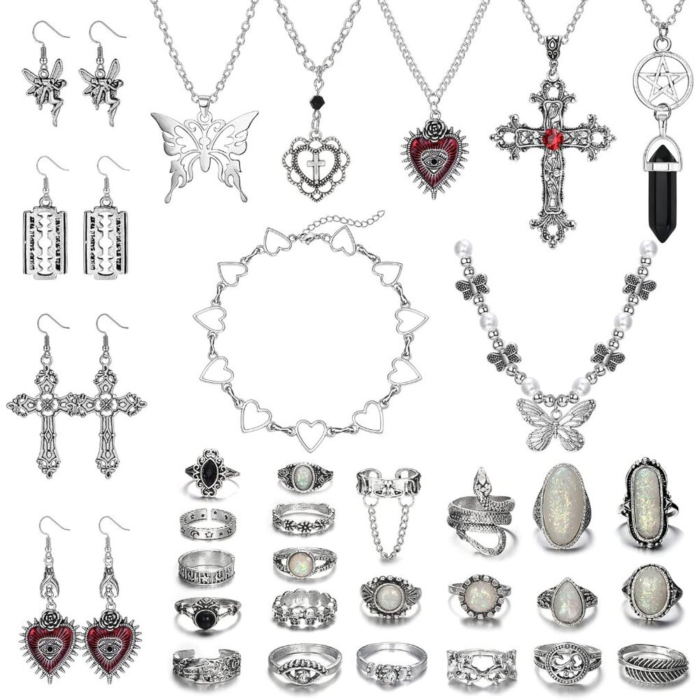 33Pcs Grunge Vintage Punk Necklace Jewelry Set Gothic Earrings Fairy Butterfly B